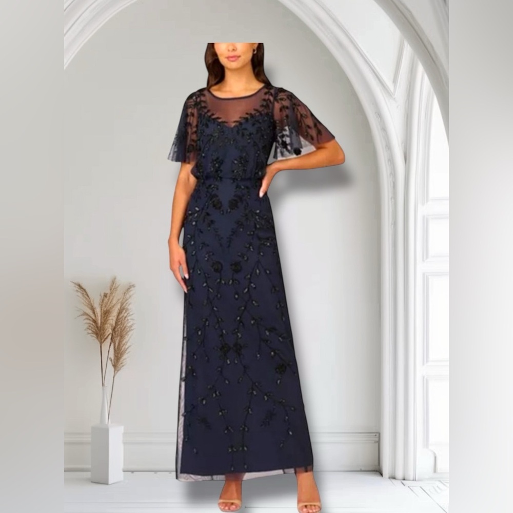 Adrianna Papell Beaded Mesh Blouson Column Gown Navy